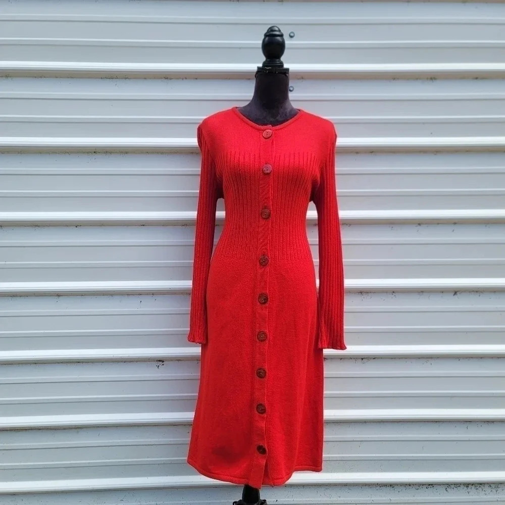 Jessica Howard Red Sweater Midi Dress Long Sleeves Front Buttoned Pockets Knit L